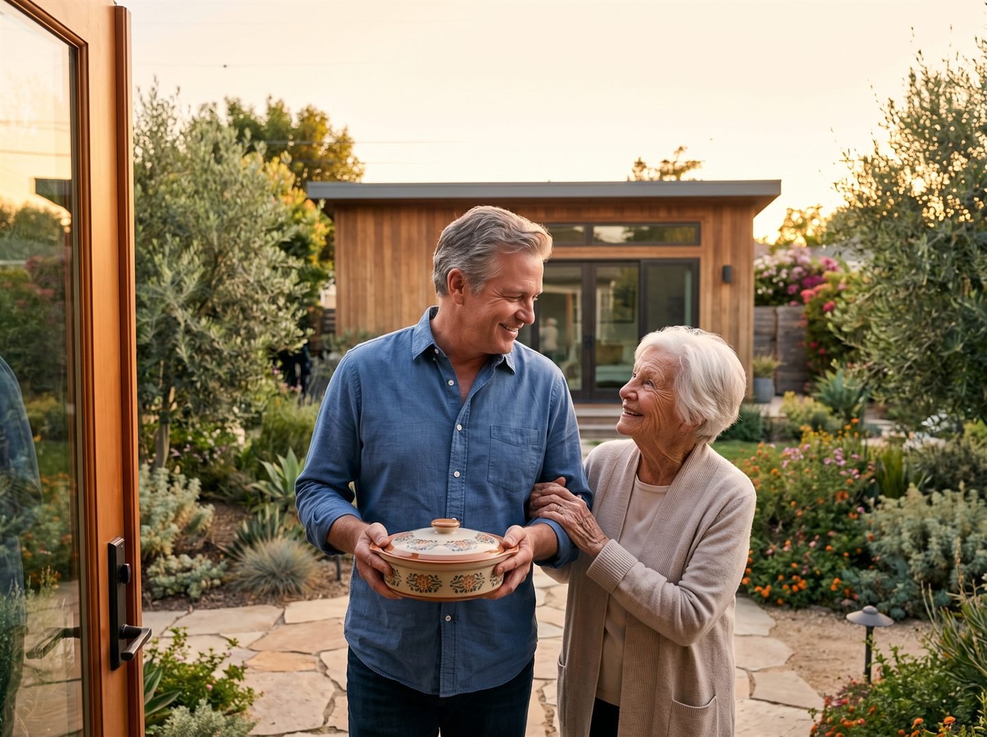 An adult son and his mother outside a backyard home