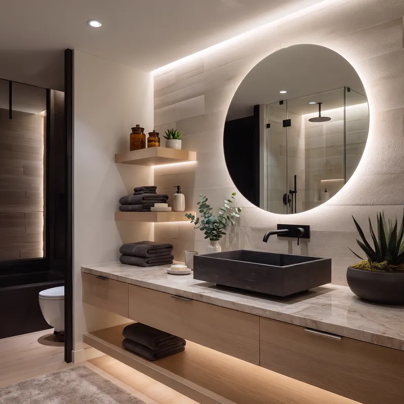 A compact modern bathroom with built-in storage